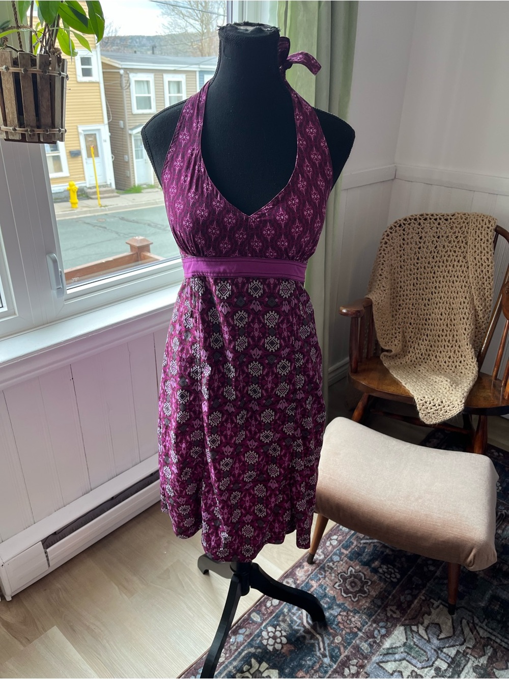 Women’s Y2K Halter Neck Purple Patterned Sundress size small